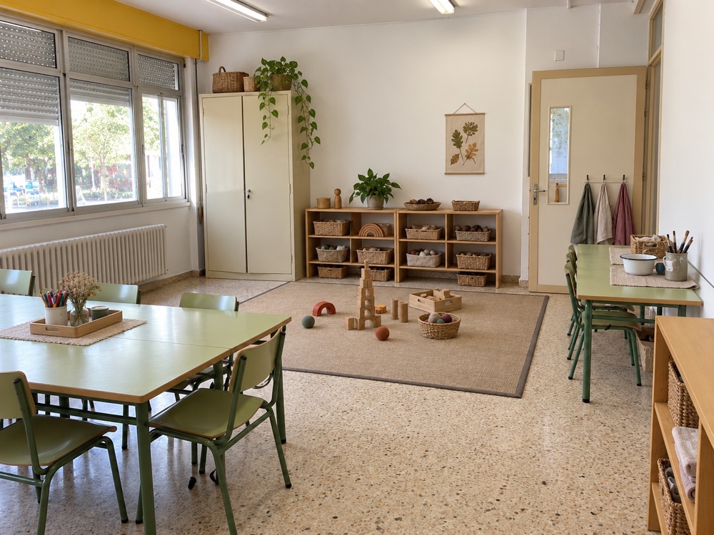 Un rincón de construcción en una escuela con mobiliario cotidiano y cestos